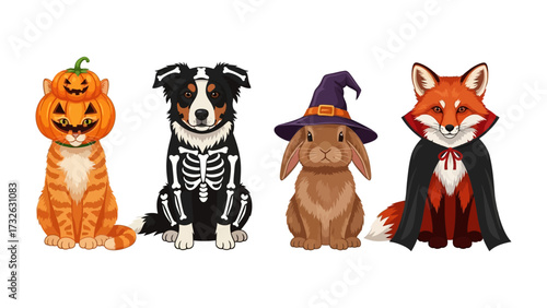 Halloween Animals in Costume: A charming ensemble of four animals in festive Halloween attire: a cat in a pumpkin head, a dog in a skeleton costume, a bunny in a witch hat, and a fox in a cape.