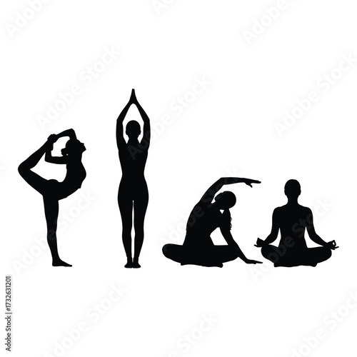 Silhouettes of people performing diverse yoga poses and stretches for wellness and flexibility silhouette