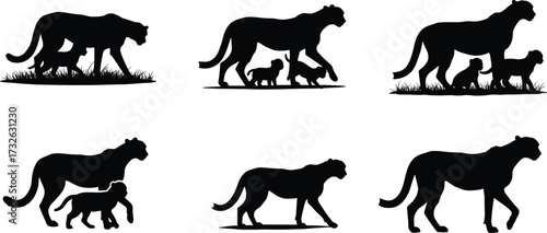 PrintCheetah silhouette with cubs, wild predator family vector, big cat wildlife illustration, mother cheetah walking, jungle animal design, safari nature artwork