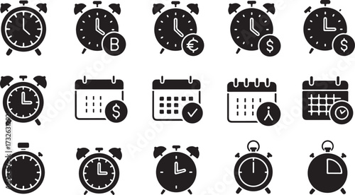 Black and white vector icon set for business, internet, and travel designs featuring a clock, camera, car, and compass symbols