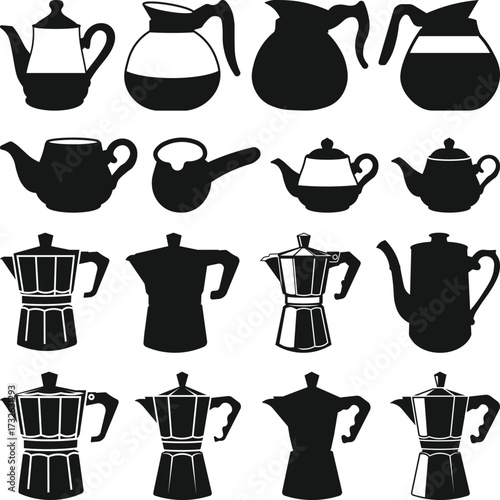 Coffee pots isolated icon Silhouette, tea pots set collection silhouettes, Coffee Makers Kitchen with white Background