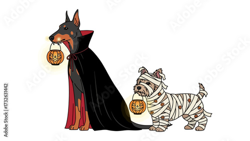 Halloween Canine Companions: Two adorable canines, one a dapper vampire and the other a quirky mummy, embrace the playful spirit of Halloween. They hold spooky lanterns.