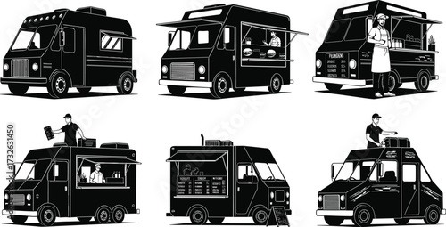 PrintFood truck vector illustration with chefs, street food service, mobile kitchen, restaurant on wheels, outdoor catering, fast food business design
