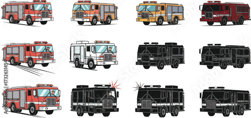 PrintCollection of colorful fire truck illustrations, emergency rescue vehicle icons, firefighter transportation vector set, silhouette and detailed fire engine graphics