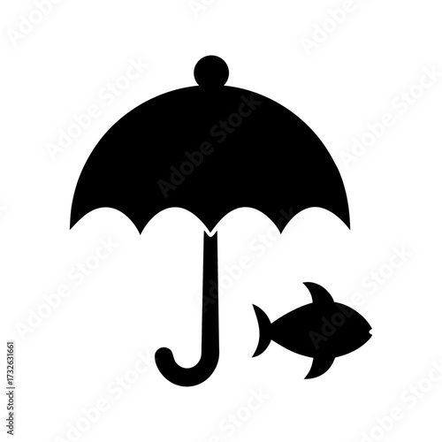 Silhouette umbrella with fish under raining concept minimal creative sketch vector illustration with white background