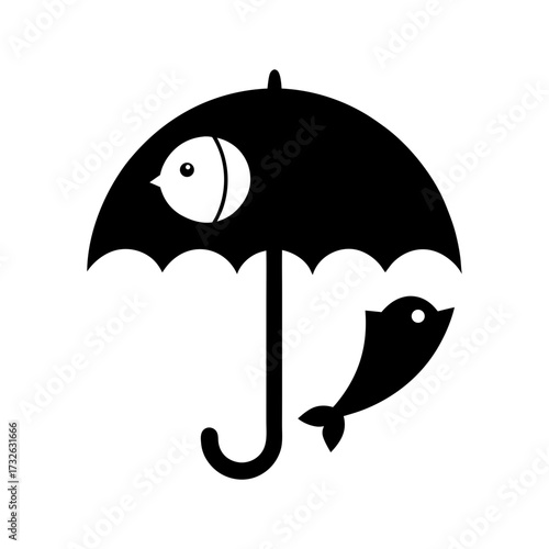 Silhouette umbrella with fish under raining idea concept creative sketch minimal design vector with white background