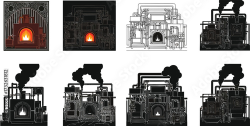 PrintIndustrial furnace illustration, boiler system, heating plant, smoke emission, fire energy, power generator, thermal technology, steam production, heavy industry equipment design