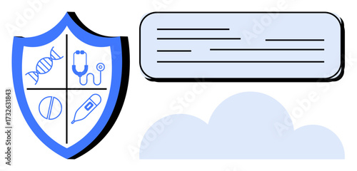 Blue-shaded shield with stethoscope, pill, thermometer, and candy icons, a text block, and a cloud element. Ideal for health, protection insurance care safety education organization. Simple flat