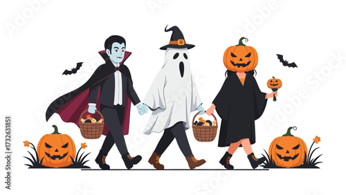 Halloween Costume Parade: A charming illustration of three costumed figures, embracing the festive spirit of Halloween. The image evokes a playful, spooky, and fun atmosphere.
