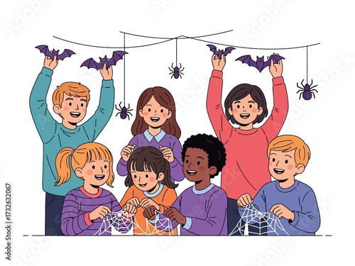 Kids' Halloween craft: A group of children happily prepare decorations. Festive elements and an atmosphere of joyful anticipation. Capturing the excitement. 