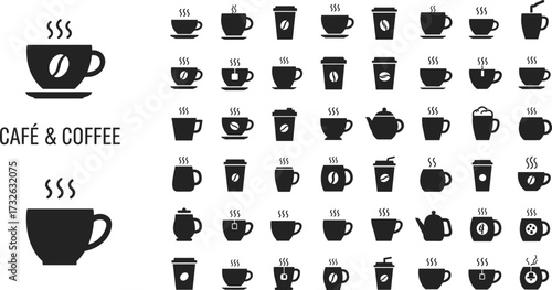 Coffee icon set, café symbols, beverage graphics, drinkware elements, espresso visuals, mug styles, vector illustration, minimal design assets