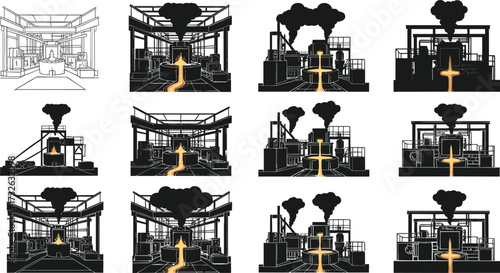 PrintMolten metal pouring, steel factory interior, industrial furnace process, heavy industry production, foundry casting, hot metal flow, smoke pollution, manufacturing plant