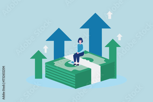 Person sitting on stack of money with upward trending arrows symbolizing financial growth and success