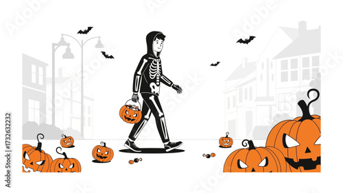 Halloween Trick-or-Treater: A solitary figure, adorned in a skeleton costume, embarks on a Halloween trick-or-treating journey along a charming, softly lit street. Pumpkins and bats in the background.
