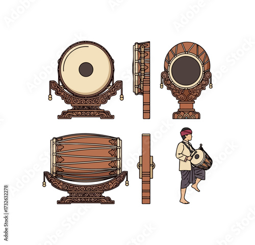 Thai Traditional Drum Set Vector Illustration - Musical Instrument, Culture, and Performance