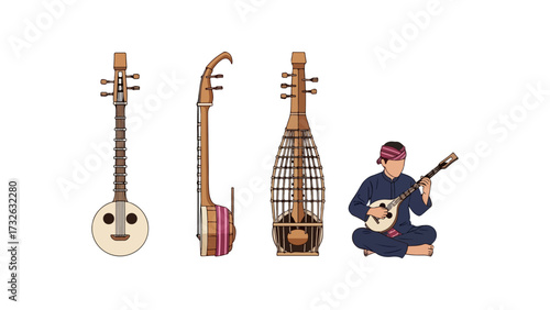Southeast Asian Traditional Musical Instruments Set with Musician - Vector Illustration