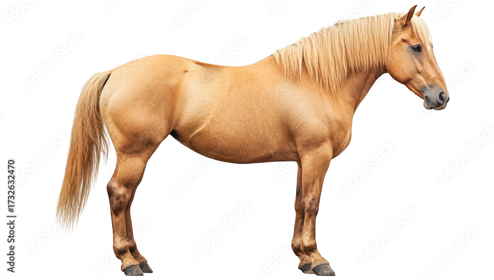 Fototapeta premium A beautiful golden horse standing majestically against a white background. its muscular build and flowing mane. ideal for equestrian-themed projects and animal photography