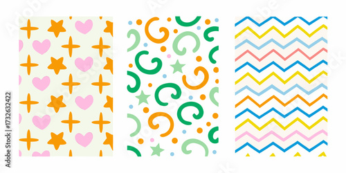 Three cheerful and colorful seamless patterns with playful shapes and geometric designs