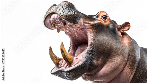 Hippo with its mouth wide open is set against transparent background showcasing its impressive teeth and textured skin. image captures animal powerful presence and natural detail