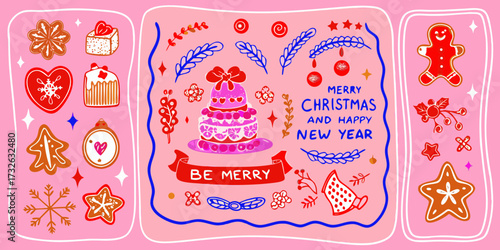 Whimsical christmas and new year decorations featuring gingerbread cookies and festive treats