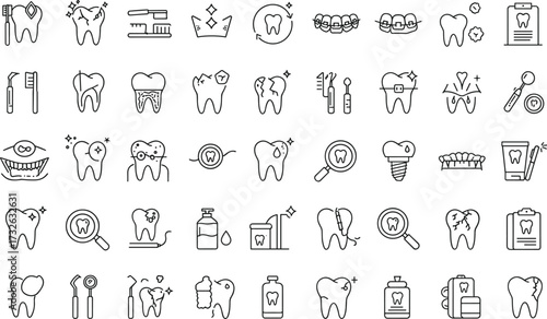 Dental care icon set, oral hygiene symbols, dentistry tools, tooth treatment elements, professional graphics, vector illustration, medical infographic design