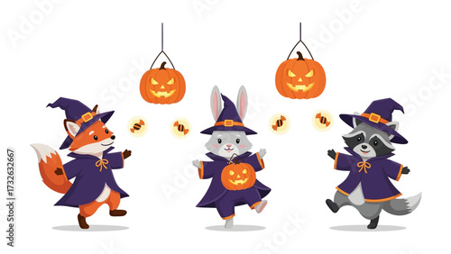 Halloween Critters' Jamboree: Envision a whimsical Halloween gathering, where a cheerful fox, a dapper rabbit, and a playful raccoon revel in the spooky spirit.