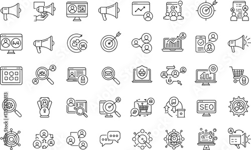 Digital marketing icons, SEO symbols, social media strategy, online advertising, business growth, target audience, analytics tools, content marketing, e-commerce promotion