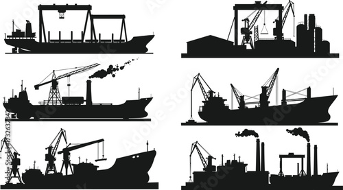 PrintShipyard silhouette, cargo shipbuilding process, industrial dock cranes, marine engineering, port logistics, harbor infrastructure, vessel construction, shipping industry, maritime transport