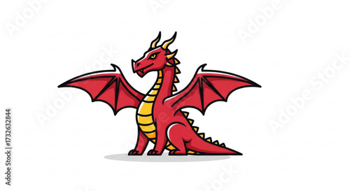 A cartoon red dragon with yellow belly, a mythical creature with wings and horns, sitting and looking forward