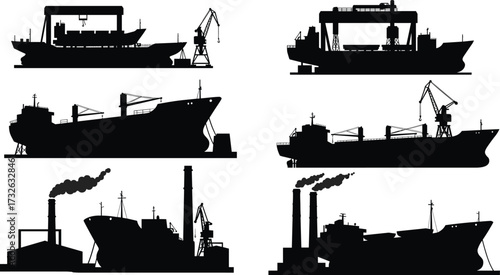 PrintShipyard silhouette, cargo ship construction, industrial dockyard cranes, marine engineering, port infrastructure, shipbuilding industry, harbor logistics, maritime transport,