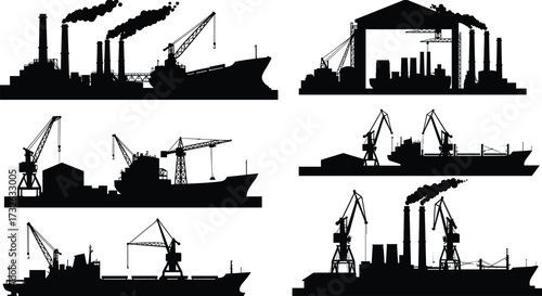 PrintShipyard silhouette, industrial dockyard cranes, cargo vessel construction, maritime transport, harbor infrastructure, ocean trade, shipbuilding industry, port logistics, marine engineering, 