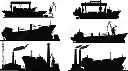 PrintShipyard silhouettes, cargo ships, industrial cranes, shipping industry, maritime trade, dockyard, container vessels, global logistics, transportation, port operations, factory background