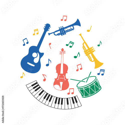 Colorful collection of musical instruments and notes arranged in a circular pattern