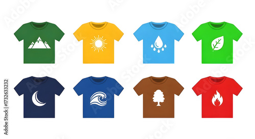 Collection of eight t shirts with nature themed graphics isolated on transparent background