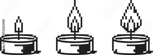 Three simple line art tea light candles with flames burning