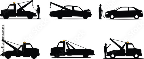 PrintTow truck silhouette illustration with worker, vehicle towing, roadside assistance, emergency breakdown support, auto recovery service, transportation rescue, car repair help