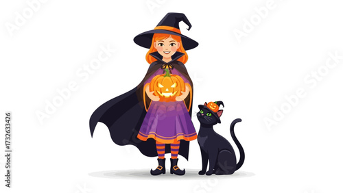 Spooky Witch and Cat on Halloween: An illustration captures the spirit of Halloween, featuring a cheerful witch holding a carved pumpkin with a grinning cat.