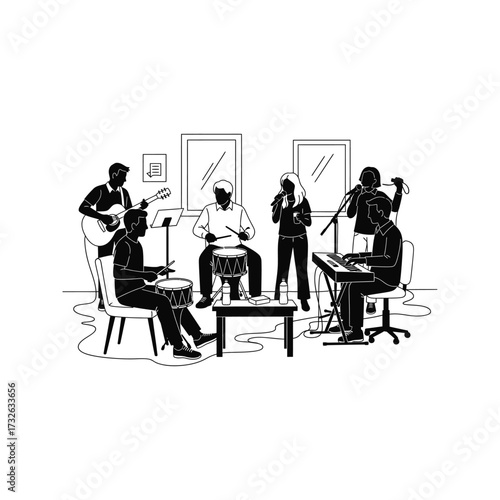 Diverse group of musicians practicing together in a room with instruments and microphones