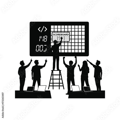 Diverse team celebrates success during a hackathon event with a digital scoreboard