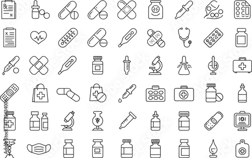 Medical icon set, healthcare symbols, hospital equipment, doctor tools, pharmacy items, emergency kit, clinical supplies, health infographic, vector illustration