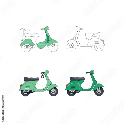 Four stages of a green scooter illustration showing design and coloring process