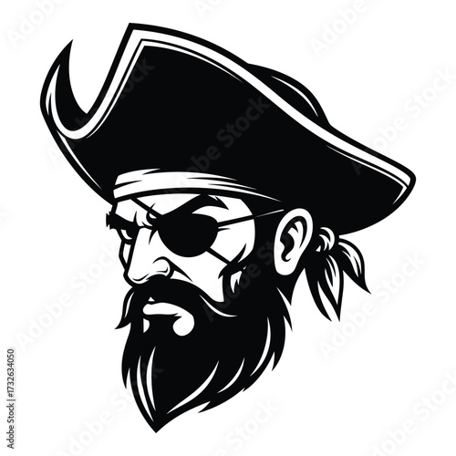 Fierce pirate head emblem with eye patch and beard a symbol of adventure and danger silhouette