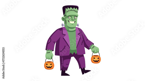 Frankenstein's Halloween: A whimsical illustration of Frankenstein, the iconic monster, cheerfully carrying a pumpkin basket, ready for Halloween fun, dressed in classic attire. 