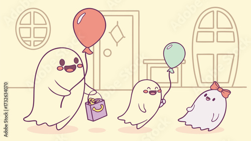 Ghosts trick or treating with balloons and candy bag