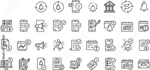 Notification icons, reminder symbols, alert signs, calendar alerts, checklist icons, business reminders, task management, schedule notifications, banking alerts, mobile reminders