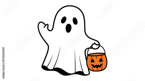 Spooky Ghost with Pumpkin Basket: A friendly ghost, playfully brandishing a Jack O'Lantern, celebrates the spooky spirit of Halloween, radiating fun and excitement.