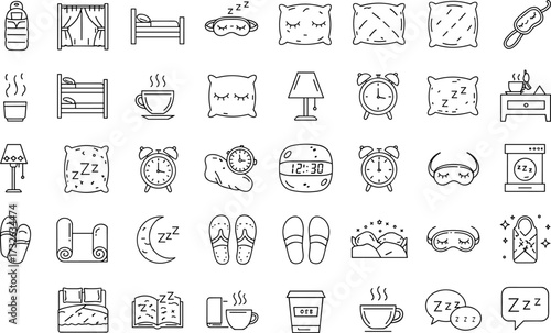 Sleep icon set, bedtime symbols, rest visuals, wellness elements, nighttime routine graphics, vector illustration, minimal design assets
