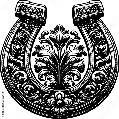Ornamental Horseshoe Icon: Intricate details on a black and white illustration, an artistic expression of the traditional good luck charm.