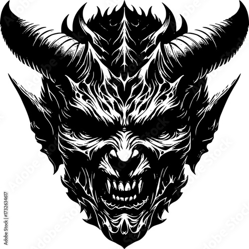 Demonic Essence: A chillingly detailed depiction of a demonic entity, rendered in stark black and white, evokes a sense of foreboding and the supernatural.