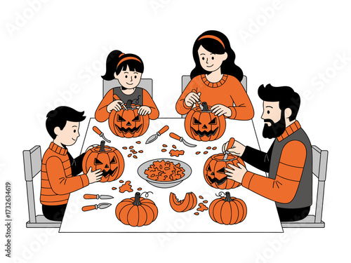 Spooky Family Halloween Carving : A family is deeply engrossed in the yearly spooky pumpkin carving ritual for Halloween, showing a joyous family tradition and seasonal enthusiasm.